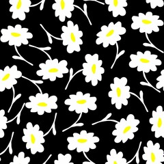 Simple floral vector seamless pattern. White daisies on a black background. For fabric prints, textile products, clothing, stationery.