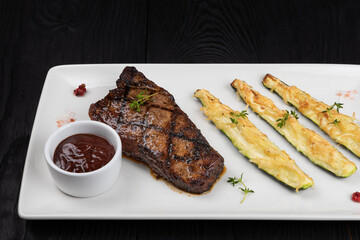 Grilled black angus strip loin steak New York with zucchini on white plate on black wooden background with
