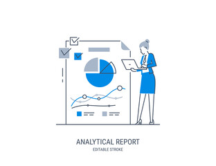 Business woman with laptop presents analytics data. Business data analysis and report. Effective business management. Modern vector illustration. Editable stroke.