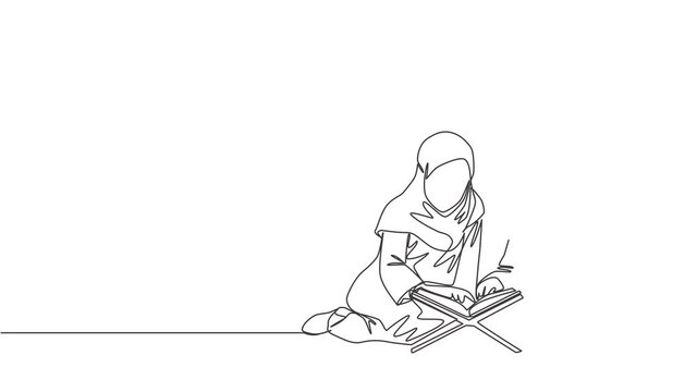 Animated self drawing of continuous line draw muslim and muslimah kids reading recite Quran. Islamic holy day Ramadan Kareem and Eid Mubarak greeting card concept. Full length single line animation.