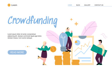 Crowdfunding and investing in ideas website mockup, flat vector illustration.