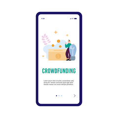 Crowdfunding and investment onboarding page, flat cartoon vector illustration.