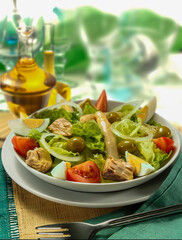 ensalada con espárragos, ventresca, tomate y huevo. Salad plate with asparagus, belly, tomato and egg.