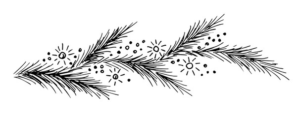 Hand-drawn simple vector drawing in black outline. Pine, spruce branch, berries, snow, lanterns. For the festive New Year, Christmas design, postcards, labels.