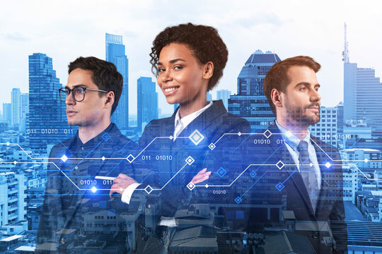 Group of business colleagues working on technology at business process to achieve tremendous growth in commerce. Worldwide process to conduct transactions.