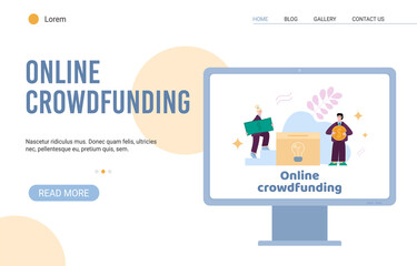Online crowdfunding and investing into ideas webpage, flat vector illustration.