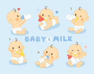 set cute baby feeding milk