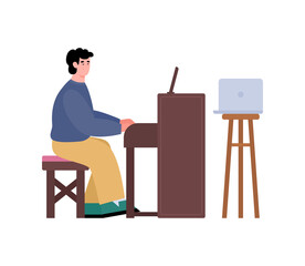Man studies piano through online lesson, flat vector illustration isolated.