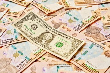 Fototapeta na wymiar US dollar banknote and Uzbek sums. Concept of exchange rate, Uzbek sum to us dollar. Money exchange in Uzbekistan. Pile of Uzbek money sum and American dollar bill