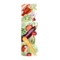 Watercolor vegetables border with carrots, eggplant, tomato, onion, cabbage. Hand painted vegetarian banner for eco food menu, greeting cards, recipe. Farmers market. Veggie design. - 455332460