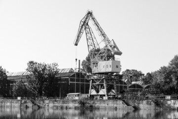 Port crane, black and white photo of Ruse harbor