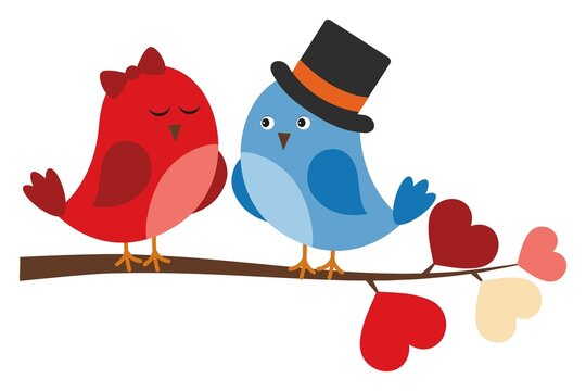 Cute Birds in Love Sitting On Branch with Heart Shaped Leaves. Vector Couple of Sweet Birds
