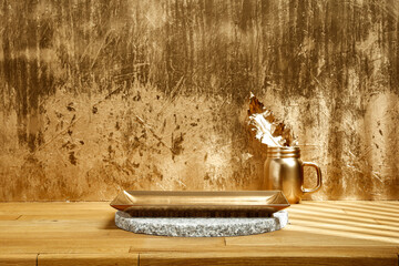 Obraz premium Wooden table, golden background and shadow of windows on the wall with products under the hot Christmas drink 