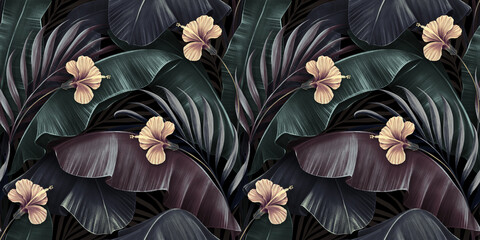 Tropical exotic seamless pattern with hibiscus flowers, beautiful palm, banana leaves. Hand-drawn dark vintage 3D illustration. Glamorous abstract background art. Good for luxury wallpapers, cloth
