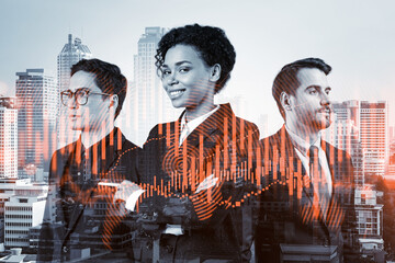 Group of business colleagues in suits as a part of multinational corporate team working on forecasting trading corporate strategy at fund. Forex chart. Bangkok on background. Double exposure