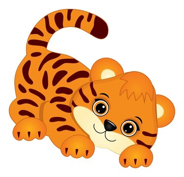 Cute Cartoon Baby Tiger Sneaking. Vector Cute Tiger