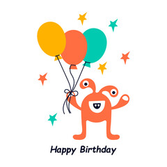 Childrens greeting card or party invitation template. Cute cartoon monster with balloons. Vector illustration.