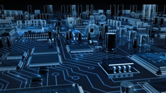 Animation of Futuristic Circuit Board with Shining Electrons. CPU Processor Microchip Starting Artificial Intelligence Digitalization of Neural Networking and Cloud Computing Data.