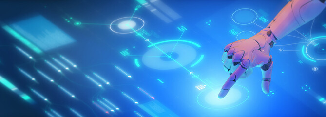 Digital data digital marketing, futuristic 3D robot and big data finance business investment and marketing symbol, futuristic abstract metaverse background 