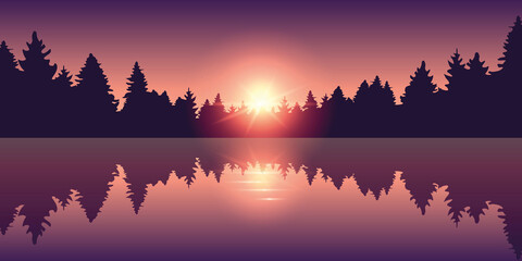 beautiful lake at sunrise pine forest nature landscape
