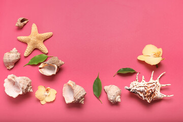 Seashells and flowers on a bright background