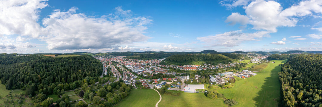 Aerial summer view over Albstadt in the Swabian Alp, a rural recreation aera in south west germany.
