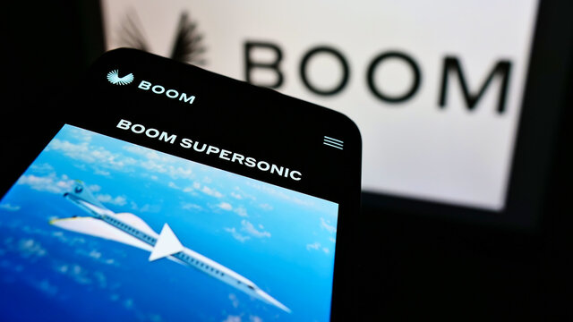 STUTTGAR, GERMANY - Jun 07, 2021: Smartphone With Website Of Company Boom Technology Inc. (Supersonic) On Screen In Front Of Logo.