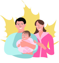 Autumn a young happy couple with a child on the background of a maple leaf