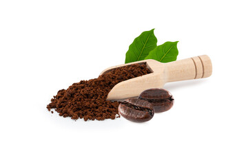 Coffee powder in shovel scoop wooden With green leaf isolated on white background.