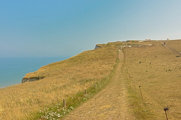 Hiking trail along a field toward the cliffs of Cap gris nez on the French North sea coast