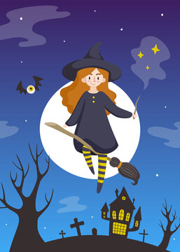 Cute teen witch flying on broom. Halloween nignt. Print for for wall art, apparel, card, textile, fabric, nursery, stationery.