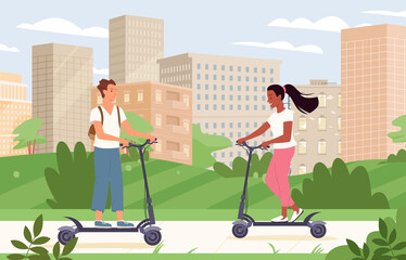 People ride electric scooter transport in urban city landscape vector illustration. Cartoon young man woman characters drive speed electric scooter on street, alternative eco lifestyle background