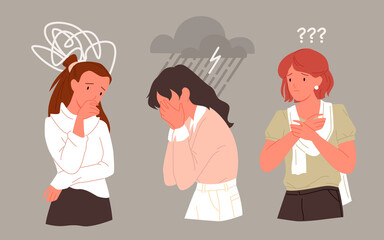 Sad unhappy woman in stress depression mental problem vector illustration. Cartoon young lonely depressed girl character crying, female teen person standing in rain of despair and sorrow background