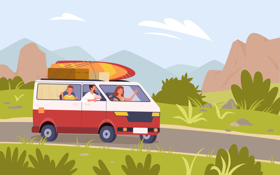 Cartoon tourist mother father and son kid characters traveling on road in mountain nature landscape background. Family travel by car bus camper van, summer vacation trip adventure vector illustration