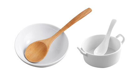 wooden spoon in ceramic cup on white background