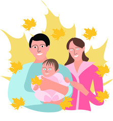 Fototapeta na wymiar Autumn a young happy couple with a child on the background of maple leaves