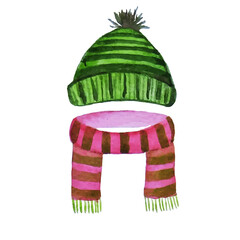 Knitted hat and scarf, red and green watercolor sticker object isolated doodle art design stock vector illustration for web, for print, for winter and autumn season