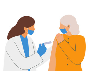Coronavirus vaccination, doctor injecting a patient. Vector illustration in flat style.