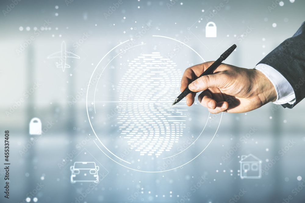 Poster multi exposure of man hand with pen working with virtual fingerprint scan interface on blurred offic