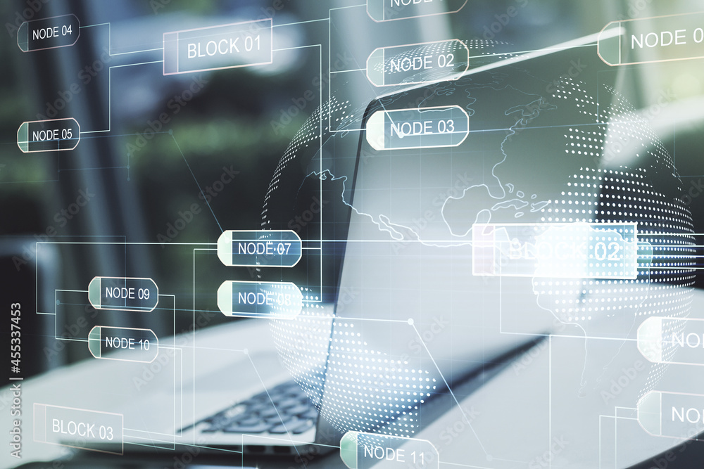 Aufkleber double exposure of abstract programming language with world map on laptop background, research and d