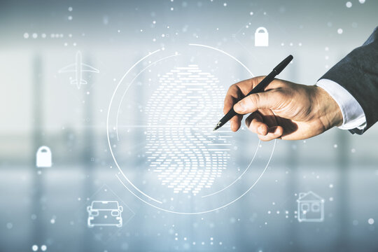 Multi exposure of man hand with pen working with virtual fingerprint scan interface on blurred office background, digital access concept - Powered by Adobe