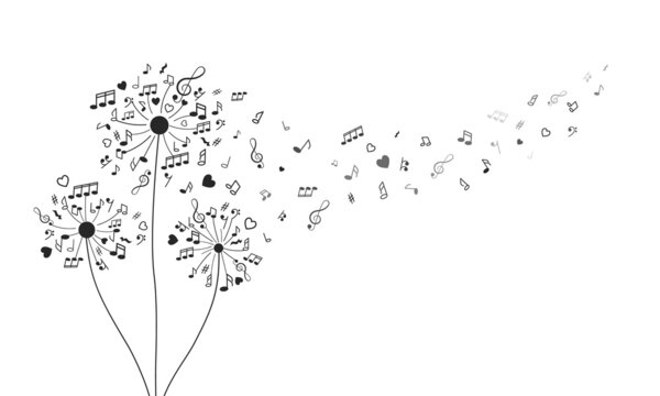 fluffy dandelions in the form of notes, musical signs and treble clefs. love for music.
