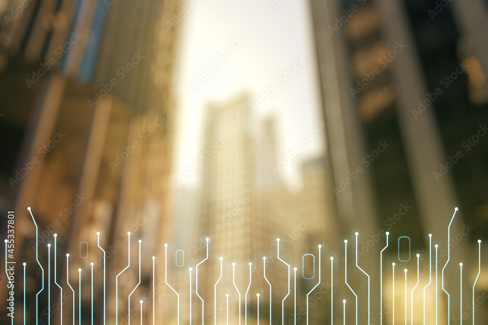 Poster double exposure of abstract virtual circuit hologram on modern skyscrapers background. research and 