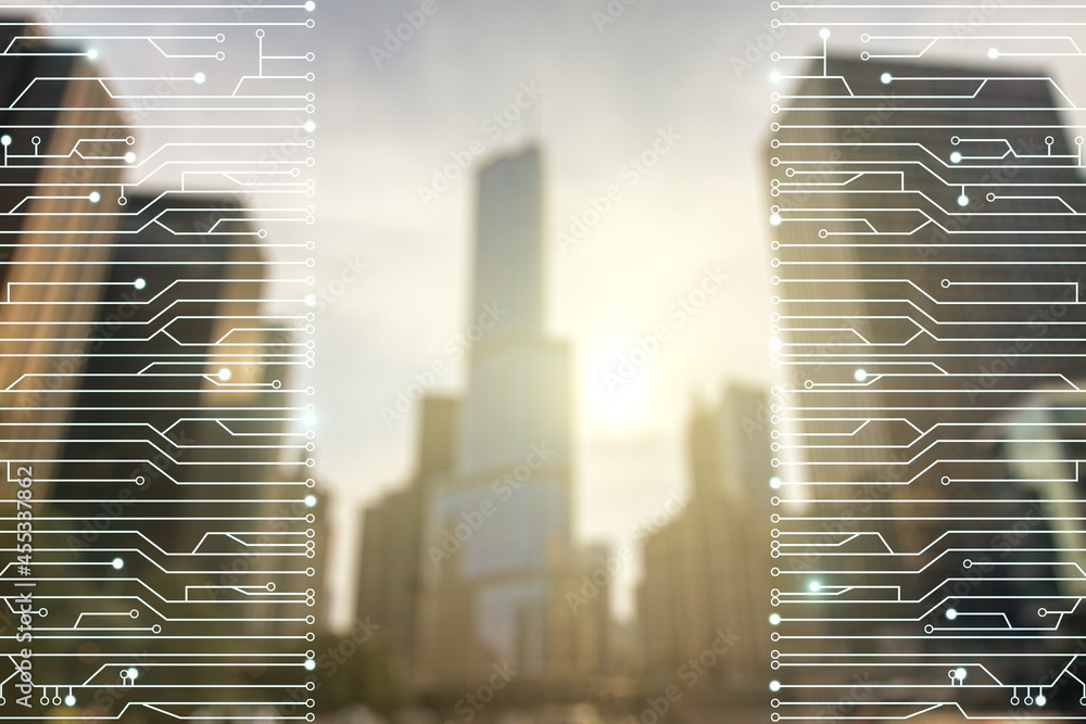 Poster abstract virtual microscheme illustration on office buildings background. big data and database conc