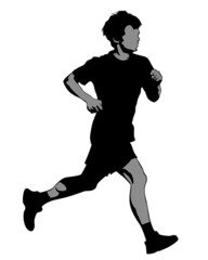 Young athletes run a marathon. Isolated silhouettes on white background