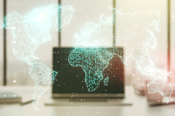 Multi exposure of abstract creative digital world map on laptop background, research and analytics concept