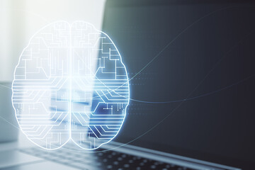 Creative artificial Intelligence concept with human brain sketch on modern computer background. Double exposure