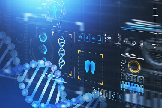 Digital interface with hologram of dna and hud