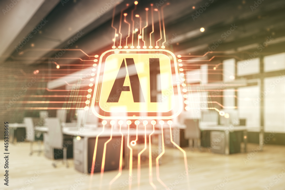Poster double exposure of creative artificial intelligence icon on modern corporate office background. neur