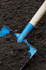 Soil on blue color shovel in soil background, sustainable agriculture and gardening concept 